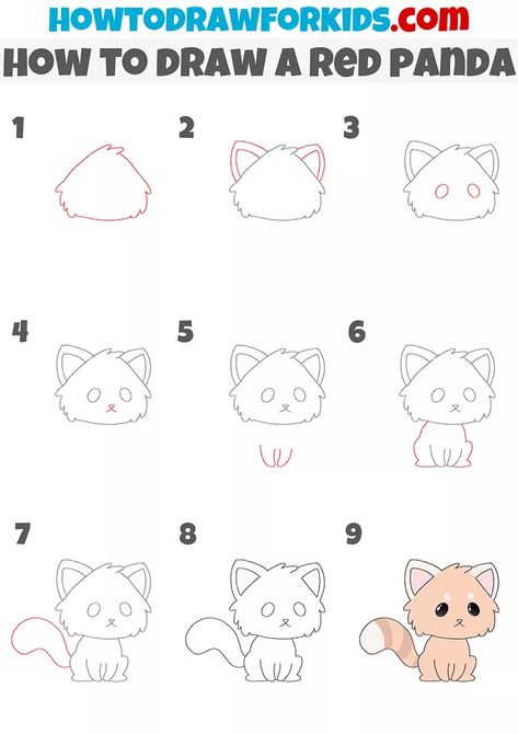 How To Draw A Red Panda Step By Step, Simple Red Panda Drawing, Red Panda Drawing Easy, How To Draw A Panda, Drawing Of School, Panda Drawing Easy, Geometry Dash Wallpaper, Red Panda Drawing, Panda For Kids