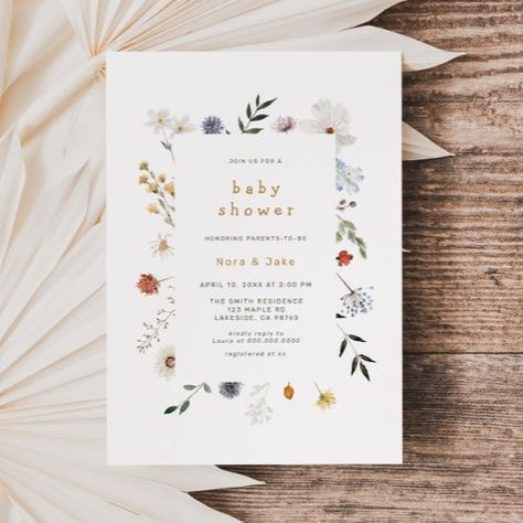 $2.04 | Wildflower Floral Frame Baby Shower Invitation - watercolor illustration, minimalist watercolor baby shower invite, boho rustic modern, wildflowers, tiny flowers, garden baby shower, spring summer baby shower, baby in bloom, cute simple baby shower invite, whimsical baby shower Wild Flower Baby Shower Ideas, Baby Shower Baby In Bloom, Mama To Bee, Whimsical Baby Shower, Bebe Shower, Garden Baby Showers, Wildflower Baby Shower, Boho Baby Shower Invitations, Watercolor Baby Shower