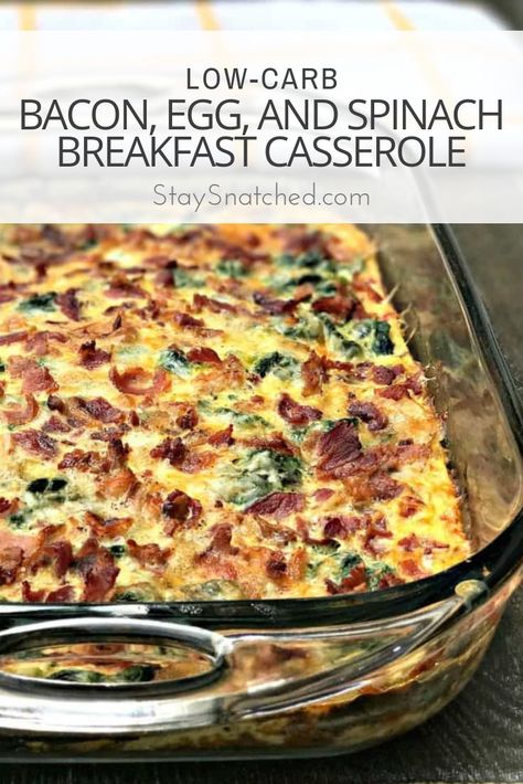 Low-Carb Keto Bacon, Egg, and Spinach Breakfast Casserole is the perfect quick and easy make-ahead, meal-prep dish with cheese, mushrooms, and peppers. This dish is keto friendly and perfect for keto diets. Serve this dish for your holiday breakfasts and brunch! #breakfastcasserole #ketobreakfast Low Carb Breakfast Casserole With Bacon, Easy Breakfast Casserole Low Carb, Breakfast Ideas Healthy Casserole, Keto Breakfast Keish Recipe, Healthy Egg Bakes Breakfast, Keto Spinach Casserole, Keto Brunch Casserole, Clean Eating Breakfast Casserole, Low Carb To Go Breakfast