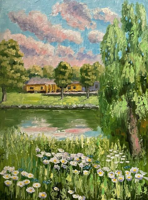 Painting Daisy, Landscapes Paintings, Beautiful Landscape Paintings, Daisy Field, Lake Painting, Art Paintings For Sale, Italian Landscape, Daisy Painting, Summer Rain