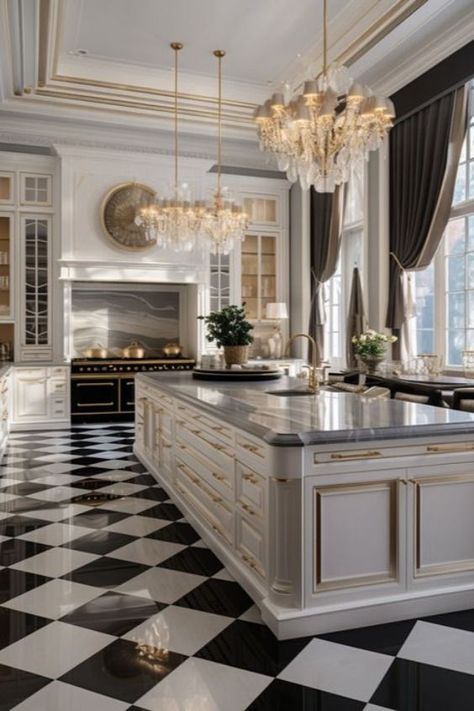 Chateau Kitchen Ideas, Dream Home Mansion, Grand Kitchen Design, Long Kitchens, Kitchen With Chandelier, Rich Kitchen Luxury, Modern Mansion Kitchen, Chateau Kitchen, Mansion Kitchen