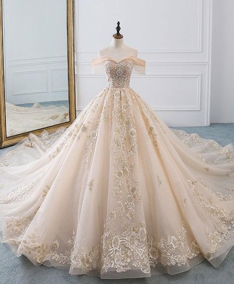 Description Champagne off shoulder tulle lace long wedding dress, wedding gown Material: tulle, lace Size: US 2, US 4, US 6, US 8, US 10, US 12 US 2     Bust(inch)32 1/2        Waist(inch)25 1/2    Hips(inch)35 3/4   Shoulder to Floor(inch)58US 4     Bust(inch)33 1/2        Waist(inch)26 1/2    Hips(inch)36 3/4   Shoulder to Floor(inch)58US 6     Bust(inch)34 1/2        Waist(inch)27 1/2    Hips(inch)37 3/4   Shoulder to Floor(inch)59US 8     Bust(inch)35 1/2        Waist(inch)28 1/2    Hips(inc Royalcore Wedding, Fantasy Ball, Royalty Core, White And Gold Wedding, Royal Ball, Beautiful White Dresses, Royal Aesthetic, Gaun Fashion, Sweetheart Wedding Dress