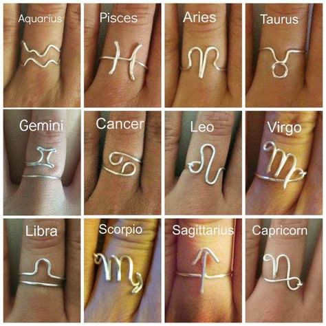 If you are a strong believer in zodiac signs, you must wish to have some symbols of your own zodiac sign.  Find the below 12 wire rings for different zodiac signs, you can do with pliers for a try.… Cincin Diy, Zodiac Sign Fashion, Wire Jewelry Rings, Zodiac Rings, Zodiac Star Signs, Diy Wire Jewelry, Zodiac Symbols, Diy Rings, Handmade Wire Jewelry