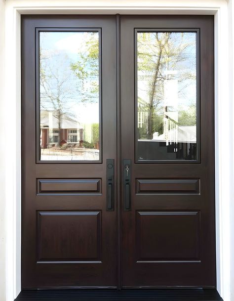 Modern French Half Lite Double Doors Double Doors Exterior Entrance, Modern French Doors, Custom Front Entry Doors, Solid French Doors, Modern French Farmhouse, French Entry Doors, French Front Doors, Entry Door Hardware, Custom Entry Doors