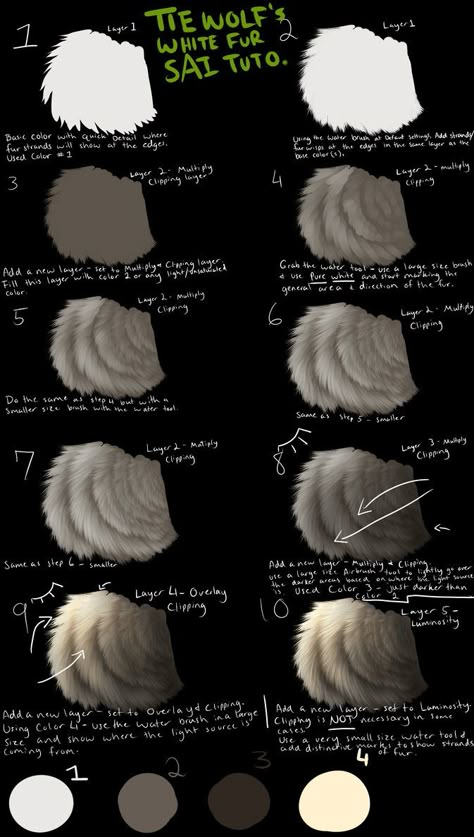 EDIT:  I have a NEW fur tutorial that is in VIDEO form; check it out here: tiewolf.deviantart.com/art/Tie… I'm hoping that this will show up at a size that isn't overwhelming and a size... Painting Fur, Digital Painting Techniques, Coloring Tutorial, Digital Painting Tutorials, White Fur, Digital Art Tutorial, Painting Tips, Art Tips, Drawing Tips