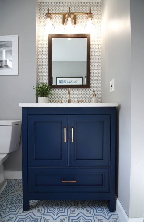 Navy Vanity, Small Half Baths, Half Bath Decor, Small Half Bath, Half Bath Remodel, Half Bathroom Decor, Powder Room Remodel, Blue Bathroom Vanity, Bath Makeover