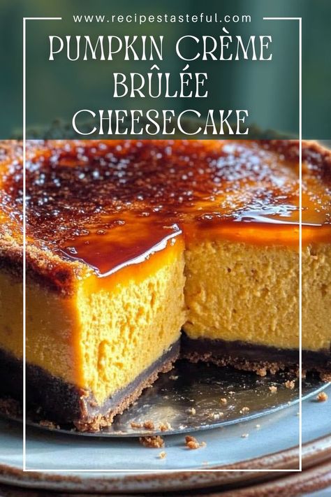 This Pumpkin Crème Brûlée Cheesecake combines the creamy richness of cheesecake with the delightful flavors of pumpkin and a crispy brûlée topping. Perfect for fall celebrations or any special occasion, this dessert will impress your family and friends. Pumpkin Brulee, Pumpkin Brulee Cheesecake, Sweet Potato Crème Brûlée, Pumpkin Cheesecake Topping, Brulee Pumpkin Pie, Pumpkin Crumble Cheesecake, Cheesecake Pumpkin Pie, Topping For Pumpkin Cheesecake, Light Pumpkin Cheesecake