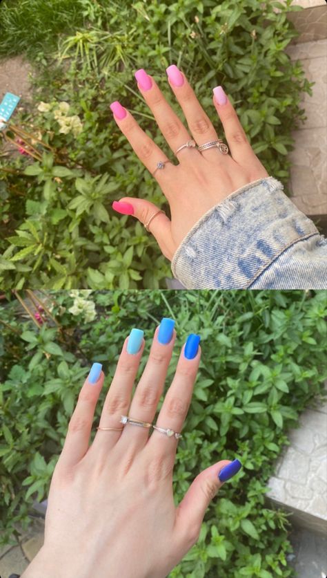 Gradient Summer Nails, Half Pink Half Blue Nails, Summer Nails Blue And Pink, Multi Blue Nails, Pink And Blue Nails Short, Pink And Blue Nails Gender Reveal, Hot Pink And Blue Nails, Gender Reveal Nails Ideas Acrylic, Gender Nails