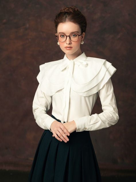 Puritan Collar, Victorian Shirt, Cape Collar, Sleeves Women, Neck Women, Cotton Poplin Fabric, Sleeves Blouse, Pants Fit, Tie Neck Blouse