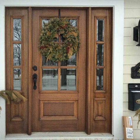 True Divided 6-Lite with Panel Bottom Mahogany Entry Door with Two Sidelites [<a href="p-2128-dd6l-1-2.aspx" class="my-gallery-product" title="MAI Doors Model: DD6L-1-2">more info</a>] Beveled Glass Front Door, Mahogany Exterior Doors, Mahogany Entry Doors, Front Door Styles, Front Door Entryway, Exterior Doors With Glass, Farmhouse Front Door, Door Entryway, Wood Front Doors