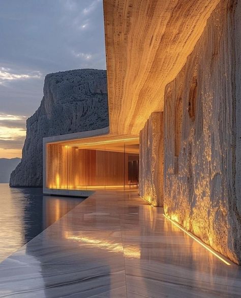 Modern Stone Architecture, Water Features Architecture, Architecture On Mountain, Architecture With Water, Glass Structure Architecture, Water Feature Lighting, Architectural Structure, Water Architecture, Outside Light