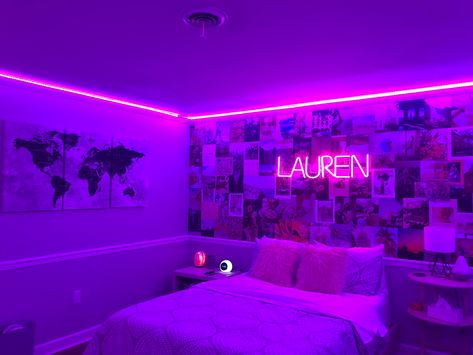 tezza, leds, led name, modern,  room ideas Cute Bedroom With Led Lights, Led Lights Bedroom Ideas, Vibey Bedroom Ideas, Modern Room Ideas, Lights Bedroom Ideas, Mirrors Living Room, Vibey Bedroom, Stylish Bedroom Decor, Neon Bedroom