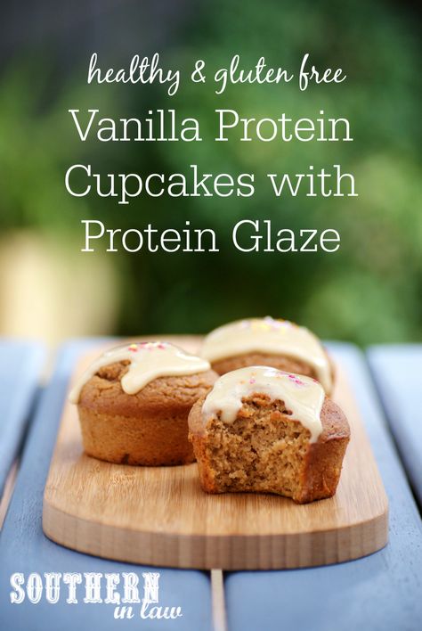 Low Fat Vanilla Protein Cupcakes with Protein Glaze  healthy, low fat, gluten free, high protein, low carb, clean eating friendly, refined sugar free Gluten Free High Protein, Protein Cupcakes, Sugar Free Frosting, Healthy Cupcakes, Protein Baking, Strawberry Protein, Mug Cakes, Protein Treats, Protein Muffins