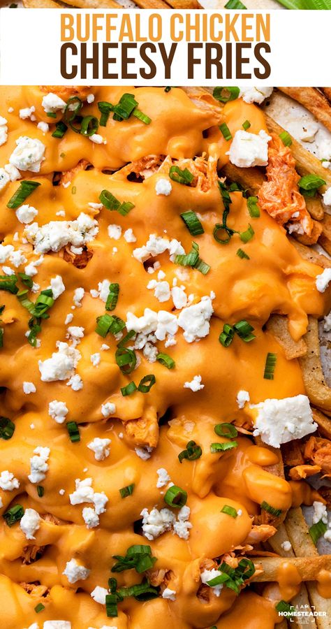 Buffalo Chicken Cheesy Fries are a bed of crispy French fries piled high with buffalo chicken, homemade cheese sauce made with more buffalo sauce, and plenty of toppings. Loaded Buffalo Chicken Fries, Topped Fries, Loaded Fries Recipe, Buffalo Chicken Fries, Cheesy Buffalo Chicken, Buffalo Fries, Buffalo Sauce Recipe, Buffalo Chicken Nachos, Cheesy Fries