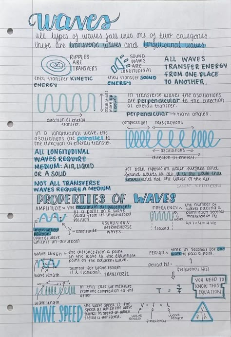 Science Aesthetic Notes, Gcse Physics Revision, Gcse Science Revision, Physics Revision, Waves Aesthetic, Science Aesthetic, Gcse Physics, Science Revision, Physics Lessons