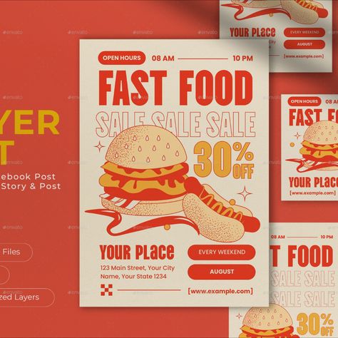 Cream Retro Fast Food Sale Flyer Set Flyers Food Design, Poster Discount Design, Menu Fast Food Design, Restaurant Event Poster, Fast Food Graphic Design, Flyer Food Design, Advertisement Poster Ideas, Set Menu Design, Food Graphic Design Advertising