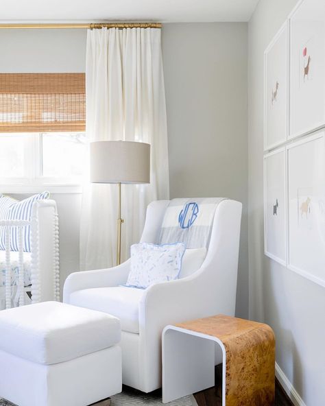 Oyster Creek Studios 🐚🏡 on Instagram: “my favorite corner in this nursery 💙🤱🏼! gosh, I miss these days with my boys! the days are long but the years go by at lightening speed…” Oyster Themed Nursery, Palm Beach Nursery Girl, Classic Blue And White Nursery, Traditional Nursery Decor, Serena And Lily Priano Wallpaper Nursery, Nursery Ottoman Blue, Traditional Nursery, Sweet Nursery, Boy’s Room