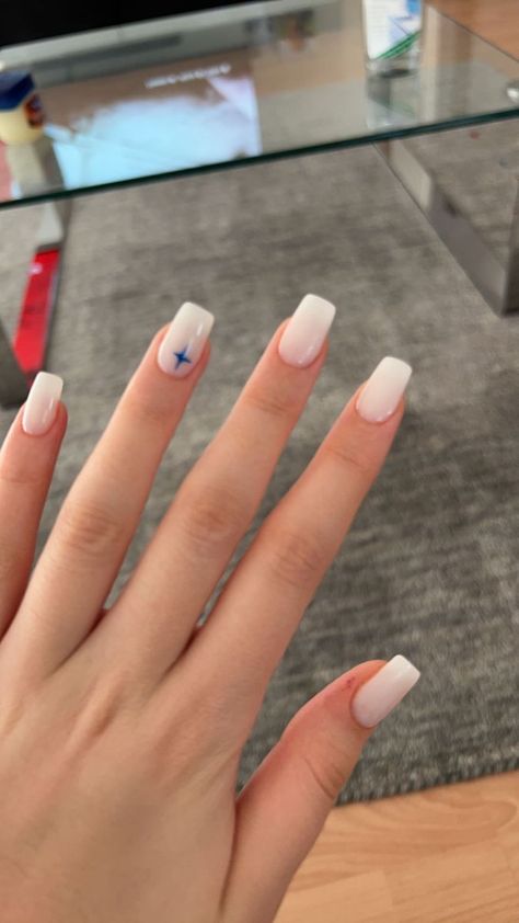 Simple Acrylic Nails Milky White, Short Milky Nails Design, Basic Milky White Nails, Nails White With Blue Design, Simple Nail Designs Blue And White, Short Milky White Acrylic Nails Square With Design, Milky Gel Nails With Design, Milky White Nails Acrylic Design Square, Blue And White Nail Inspo Short