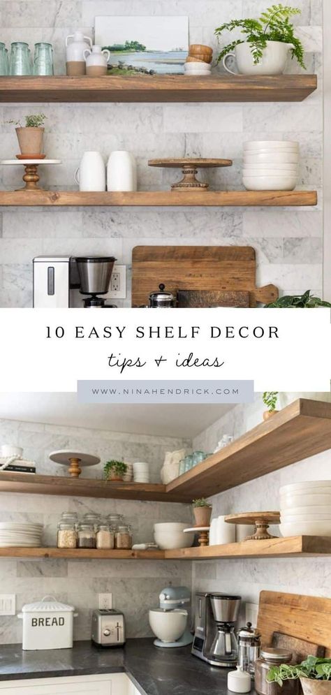 Butcher Block Decor Ideas, Floating Shelves For Kitchen Wall, Floating Shelf Kitchen Decor, Pantry Styling Open Shelves, Floating Shelves Spacing, Pantry Shelf Decor, Open Shelf Kitchen Ideas Farmhouse, Style Open Shelves In Kitchen, Styling Open Bar Shelves