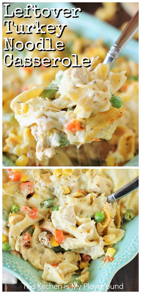 Leftover Turkey Noodle Casserole ~ Whip up a pan of creamy Turkey Noodle Casserole to enjoy that Thanksgiving & Christmas turkey. It's ALWAYS a hit. You may just decide it's so good, you don't want to wait for turkey leftovers to make it! #turkeynoodlecasserole #turkeycasserole #leftoverturkey www.thekitchenismyplayground.com Easy Weeknight Dinners Ground Turkey, Turkey Casserole Recipes Leftover, Easy Leftover Turkey Recipes, Turkey Noodle Casserole, Turkey Casserole Recipe, Leftover Turkey Casserole, Turkey Leftovers, Noodle Casserole Recipes, Resep Pasta