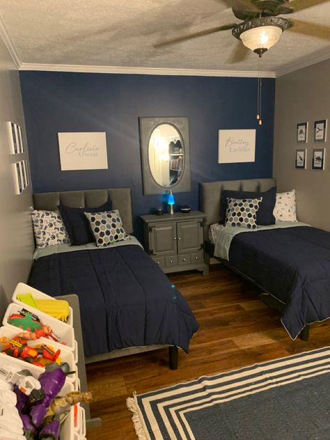 Navy Blue And Grey Bedroom Ideas For Men, Blue Teen Bedroom Boy, Navy Blue Kids Bedroom, Boys Bedroom Ideas Blue, Boys Blue Bedroom Ideas, Blue And Grey Boys Bedroom, Shared Teen Boys Room, Navy Boys Bedroom, Navy Blue Boys Bedroom