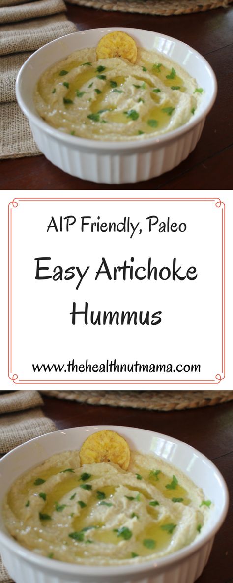 Paleo AIP Friendly Easy Artichoke Hummus Dip! I can't get enough of this dip! If you want an easy quick delicious dip that is kid approved, this is it! www.thehealthnutmama.com Artichoke Hummus, Aip Snack, Chips Dip, Paleo Appetizers, Aip Paleo Recipes, Hummus Dip, Quick Diet, Cheesecake Dip, Healthy Dips