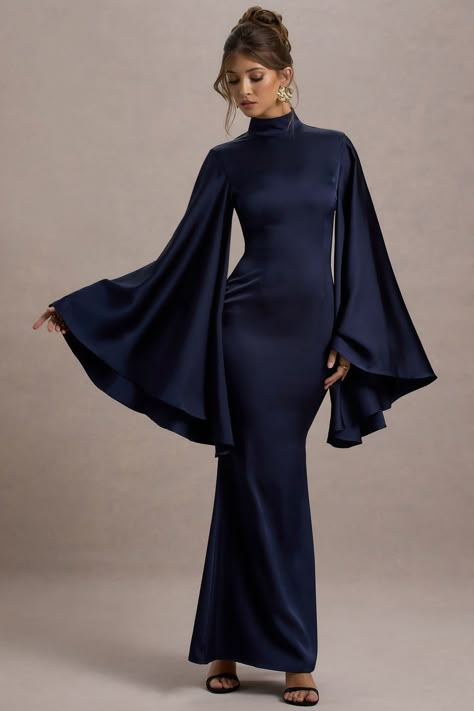 Elegant Dresses For Christmas Party, Winter Wedding Guest Dress Formal, Satin Maxi Dress Long Sleeve, Long Formal Dresses With Sleeves, Wedding Guest Dress With Coat, Maxi Winter Dress, Wedding Dresses Guest Winter, Winter Gowns Elegant, Winter Gala Dress Formal