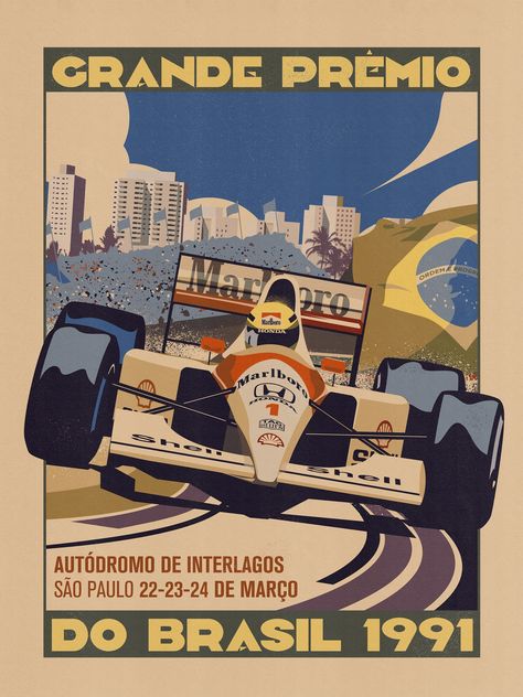 Celebrating Ayrton Sennas amazing home GP win.  Wrestling his poorly car to the finish line, both mentally and physically exhausted Formula One Vintage, F1 Posters Vintage, Classic F1 Wallpaper, Mentally And Physically Exhausted, F1 Race Poster, Vintage F1 Poster, F1 Senna, F1 Poster Design, Old F1 Posters