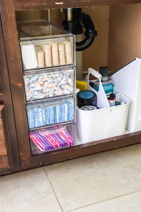 how to organize tampons Bathroom Feminine Storage, Feminine Product Storage Under Sink, Feminine Products Storage, Women’s Bathroom Organization, Organize Feminine Products Bathroom, How To Store Sanitary Pads In Bathroom, Feminine Care Organization, Pad Organization Storage, Organizing Feminine Products