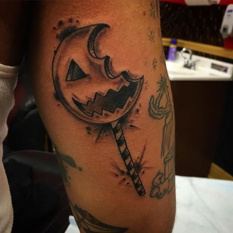 Sam’s lollipop tattoo, Trick R Treat Lollipop Tattoo, Horror Tattoo Ideas, Trick R Treat Sam, Wicked Tattoos, Scary Tattoos, Best Tattoos For Women, Spooky Tattoos, Trick R Treat, Horror Tattoo