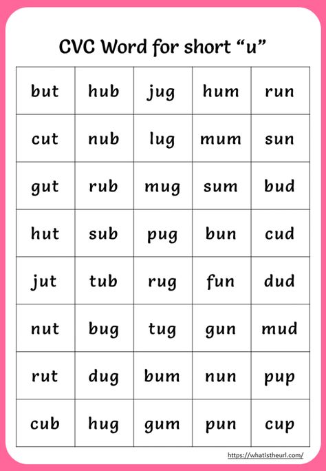 Printable CVC Words For Short “u” - Your Home Teacher Cvc Words For Grade 1, Short U Cvc Words, U Family Words, Cvc U Words, Short U Worksheets, Short Vowel Worksheets, Phonics Chart, Phonics Cvc, Cvc Worksheets