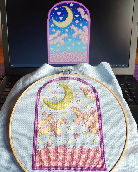 Night Sky Cross Stitch WIP, only the Background is missing now. 💙⭐ #crossstitch #crossstitchpattern #craft #kreuzstich #sticken #moon #japan #pastel #cute #kawaii #photo #photooftheday #pretty #love Cross Stitch Pixel Art, Cross Stitch Crafts, Cross Stitch On Crochet, Cross Stitch Moon, Sky Cross Stitch, Cross Stitch Ideas, Pretty Cross Stitch, Moon Cross Stitch Pattern, Cross Stitch Cute