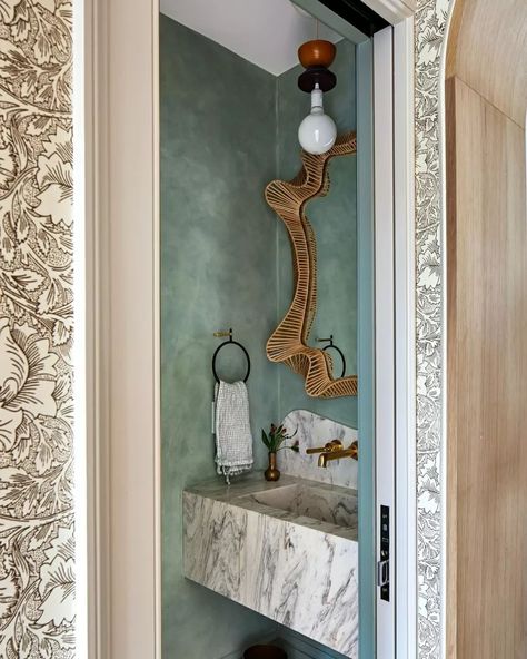 Zoe Feldman (@zoefeldmandesign) • Instagram photos and videos Powder Room Mirror, Steel Frame Doors, Scalloped Mirror, Vintage Pendant Lamp, Marble Case, Mdf Frame, Bathroom Trends, Hearth And Home, Mirror Wall Decor