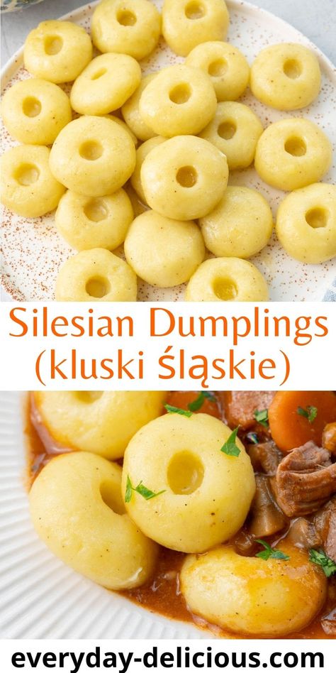 Kluski Śląskie (Silesian Dumplings) are traditional Polish dumplings that come from the Silesia region but are also very popular all over Poland. They are usually served with some kind of meat and gravy or mushroom sauce. They are made with just cooked mashed potatoes and potato starch (sometimes an egg). They are easy to make and kids love them! Silesian Dumplings, Potato Dumplings German, Polish Potato Dumplings, Meat And Gravy, Cooking Mashed Potatoes, Polish Dumplings, Creamy Dill Sauce, Potato Dumplings, Pork Stew