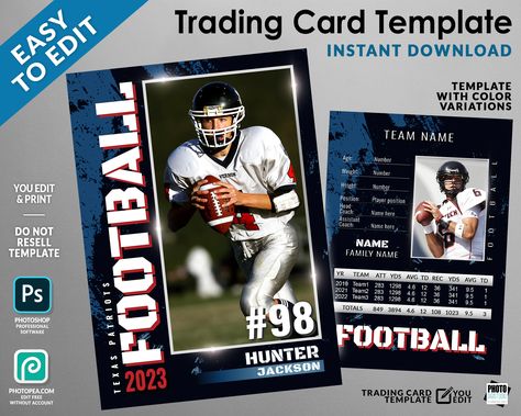 Football Trading Card Template with Stats, Sport Cards Grunge Design, Gift for the Team, Coach, Parents, PSD Template with Color Variations #football #AllStars #PsdTemplate #sports #SchoolTeam #CardTemplate #basketball #BaseballCard #baseball #TradingCard Trading Card Template, Tcg Cards, Football Crafts, Football Diy, Grunge Design, Football Trading Cards, Player Card, Senior Night, Football Kids