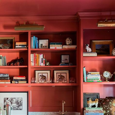 Red Built Ins, Red Built In Bookshelves, Wallpaper Built In Shelves, Burgundy Bookshelves, Coral Bookshelf, Bookcase Walls, Red Bookcase, Cherry Bookcase, Floating Books