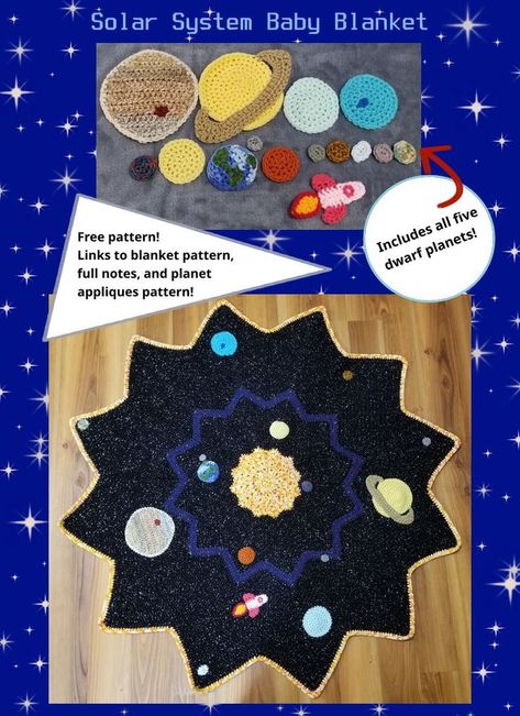 Full free patterns, including planets, rocketship, dwarf planets, notes for converting the base blanket pattern into a solar system blanket, and the base blanket pattern by Celeste Young. Crochet Solar System Pattern, Planet Granny Square, Crochet Space Blanket, Crochet Outer Space Free Pattern, Crochet Planet Applique, Crochet Planets Pattern, Crochet Solar System, Space Themed Crochet Patterns, Space Theme Crochet Blanket