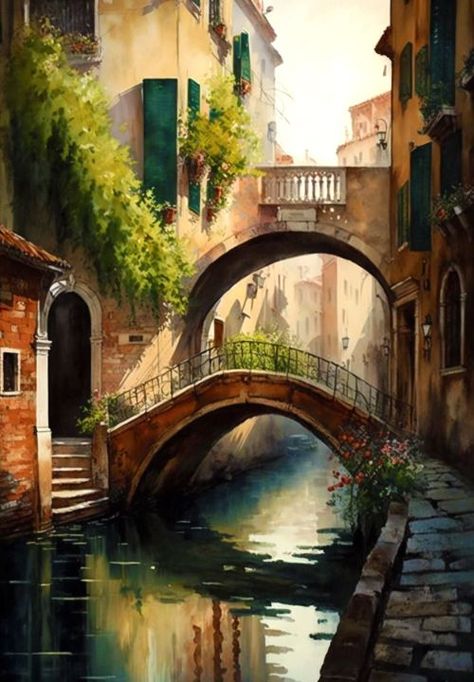 Bridge Art Paintings, Acrylic Portrait Painting, Watercolor Scenery, Venice Painting, Bridge Painting, Bridge Photography, Italy Painting, Watercolor Elephant, Landscape Art Painting