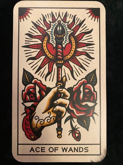 Traditonal Tattoo, Traditional Tarot Cards, Tarot Cards Art Illustration, Ace Of Wands, Wand Tattoo, Tarot Card Tattoo, Tarot Tattoo, Wands Tarot, Traditional Style Tattoo