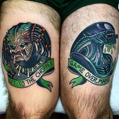 J O S H T O D A R O on Instagram: “ALIEN VS PREDATOR! Which is your favourite movie of all the franchises!? Mine would have to be the first Alien! @thegrandillusiontattoo…” Bigfoot Alien Tattoo, Alien The Movie Tattoo, Alien Movie Tattoo Ideas, Movie Reference Tattoos, Alien Movie Tattoo, Alien Xenomorph Tattoo, Alien Vs Predator Tattoo, Alien Tattoo Xenomorph, Friday 13th Tattoo