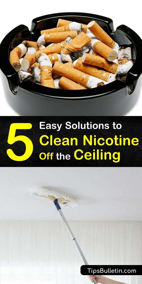 Cigarette smoke smell and yellow stains on the wall and ceiling from smoke damage are unappealing. Clean nicotine stains with simple home remedies. Get rid of a smoke stain or nicotine stain with baking soda, steam cleaning, white vinegar, and more. #remove #tobacco #stains #ceiling Cleaning Ceilings And Walls, Cleaning Smokers Walls, How To Clean Smokers Walls, Cleaning Ceilings, Remove Yellow Stains, Diy Household Cleaners, Yellow Ceiling, Rent House, Homemade Cleaning Supplies