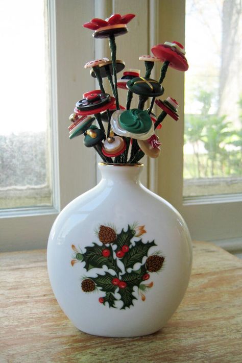 Christmas Button Bouquet, Button Craft, Button Bouquet, Wilmington Delaware, Christmas Buttons, Forever Flowers, Floral Tape, Vintage Vase, Salt Shaker