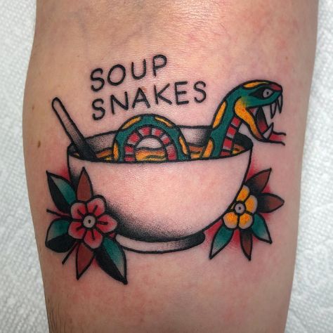 “Holly, you and I are soup snakes...” #tattoo #theoffice #michaelscott #soupsnakes Soup Snakes Tattoo, Soup Tattoo, Snakes Tattoo, Black Snake Tattoo, Nerd Tattoos, Teacup Tattoo, Symbols Of Strength Tattoos, Tattoos Inspo, Nerd Tattoo