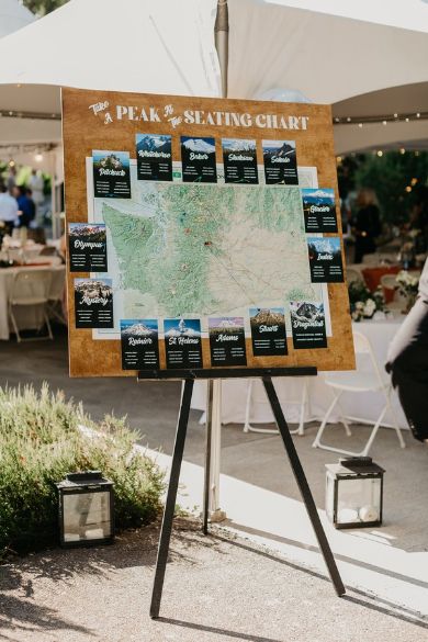 Unique Guest Seating Chart, Mountain Wedding Ideas Decor, 50 Person Wedding Seating, Wedding Decorations Mountain, Hiking Wedding Decor, Camp Seating Chart, Mountain Bike Wedding, Hiking Themed Wedding, Hiking Wedding Theme