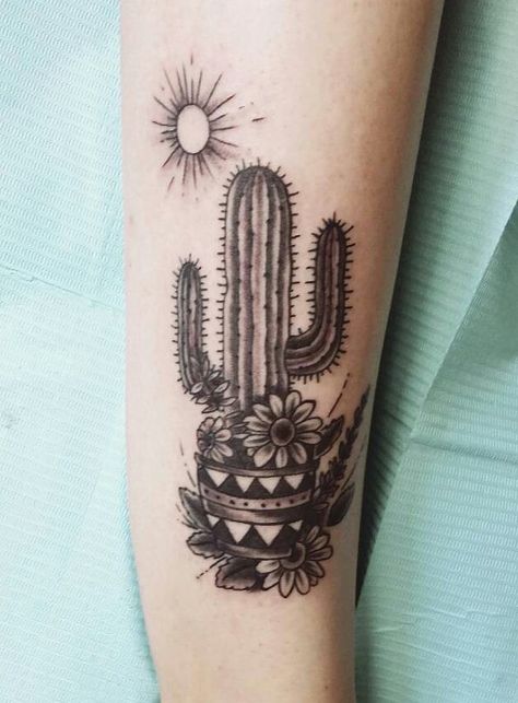 Black and grey cactus plant and sun tattoo by Danny Soto Tattoo On Foot, Cactus Tattoo, Western Tattoos, Small Cactus, Sun Tattoo, Cactus Plant, Foot Tattoo, Foot Tattoos, Dog Tattoos