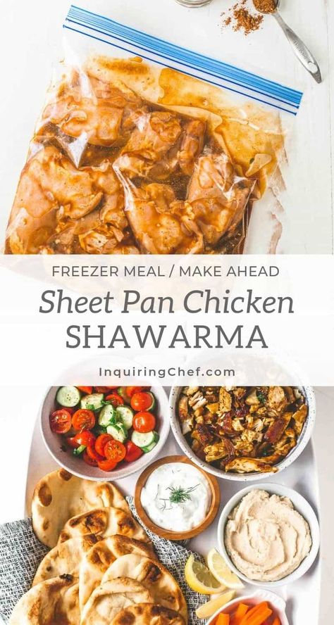 Sheet Pan Chicken Shawarma | An easy marinade made with Moroccan spices and lemon juice gives this sheet pan chicken all the bold, fresh, fragrant flavors of the best chicken shawarma in only 30 minutes (plus time to marinate). Serve it family style with pita bread, hummus, fresh vegetables, and yogurt dipping sauce for a meal our whole family loves. | Inquiring Chef #inquiringchef #sheetpandinner #chickenshawarma Best Chicken Shawarma, Shawarma Ingredients, Chicken Enchilada Pasta, Yogurt Dipping Sauce, Fantastic Recipes, School Recipes, Sheet Pan Chicken, Moroccan Spices, Random Recipes