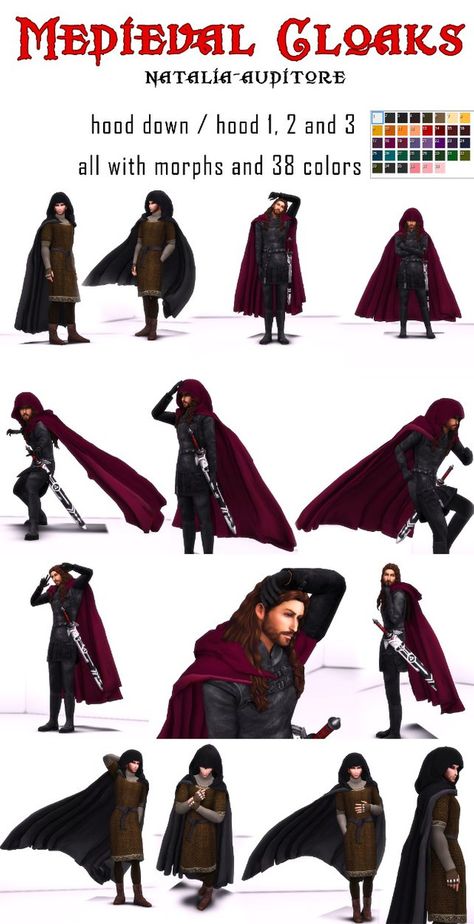 Medieval Cloaks by Natalia-Auditore  [#ts4_adult_hat]  [#ts4_adult_acc]  [#ts4_adult_outerwear]  [#ts4_bacc_elf]  [#ts4_bacc_dragon]  [#ts4_bacc_human]  [#ts4_eras_g3] Medieval Cloak, Sims Medieval, Sims Stories, Medieval Clothes, Sims 4 Mm Cc, Sims 4 Mm, Sims 4 Characters, Sims Four, Sims4 Clothes