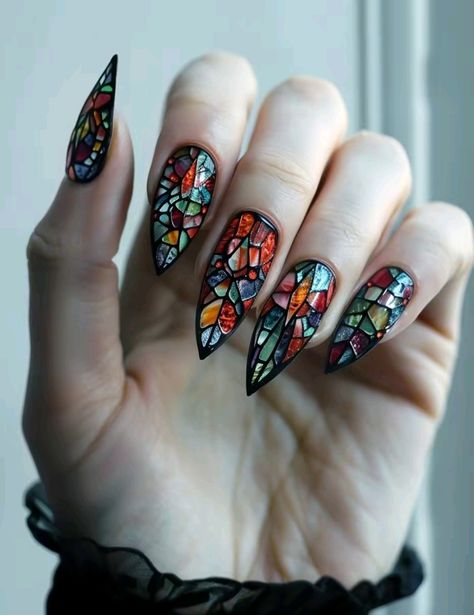 Stained glass design acrylic nails gothic Acrylic Nails Gothic, Stained Glass Nails, Daisy Acrylic Nails, Nails Gothic, Glass Nails Art, Witchy Nails, Fantasy Nails, Gothic Nails, Pretty Gel Nails