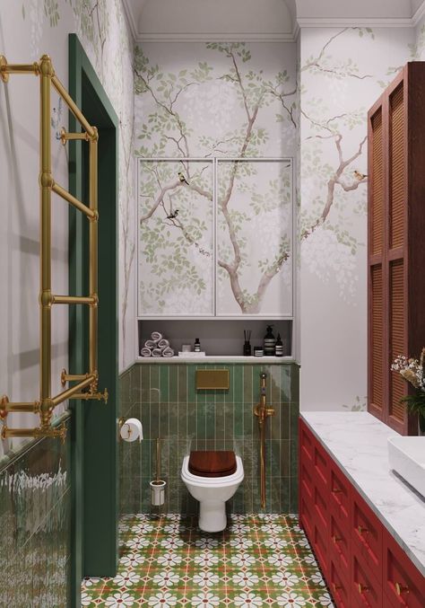 Tiny Ensuite, Wallpaper Decor Ideas, Wallpaper Design Ideas, Creative Bathroom, Bathroom Design Decor, Toilet Design, Best Wallpaper, Wallpaper Decor, Wallpaper Design