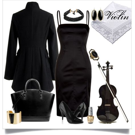 "Little Black Dress Violin" - Stylish ensembles inspired by music and possibly appropriate for recitals (by leighanned on Polyvore) Music Recital Outfit, Violin Recital Outfit, Opera Attire, Recital Outfit, Marvel Carnage, Violin Concert, Concert Outfit Plus Size, Choir Dresses, Music Inspired Fashion